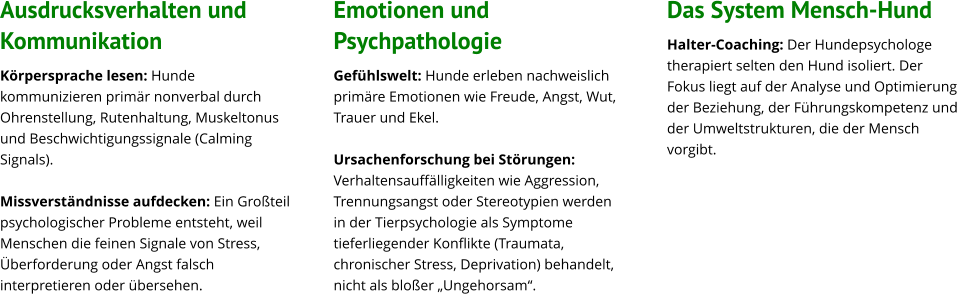 Ausdrucksverhalten und Kommunikation Körpersprache lesen: Hunde kommunizieren primär nonverbal durch Ohrenstellung, Rutenhaltung, Muskeltonus und Beschwichtigungssignale (Calming Signals).  Missverständnisse aufdecken: Ein Großteil psychologischer Probleme entsteht, weil Menschen die feinen Signale von Stress, Überforderung oder Angst falsch interpretieren oder übersehen.             Emotionen und Psychpathologie Gefühlswelt: Hunde erleben nachweislich primäre Emotionen wie Freude, Angst, Wut, Trauer und Ekel.  Ursachenforschung bei Störungen: Verhaltensauffälligkeiten wie Aggression, Trennungsangst oder Stereotypien werden in der Tierpsychologie als Symptome tieferliegender Konflikte (Traumata, chronischer Stress, Deprivation) behandelt, nicht als bloßer „Ungehorsam“.                           Das System Mensch-Hund Halter-Coaching: Der Hundepsychologe therapiert selten den Hund isoliert. Der Fokus liegt auf der Analyse und Optimierung der Beziehung, der Führungskompetenz und der Umweltstrukturen, die der Mensch vorgibt.
